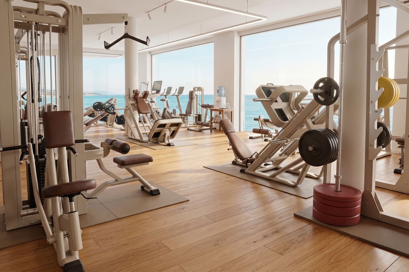 Hotel Gym Render mit Telju Fitnessgeräten — Beispiel-Visualisierung